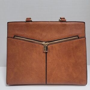Vegan Tan Shoulder Bag with Y-Shaped Zipper Detail